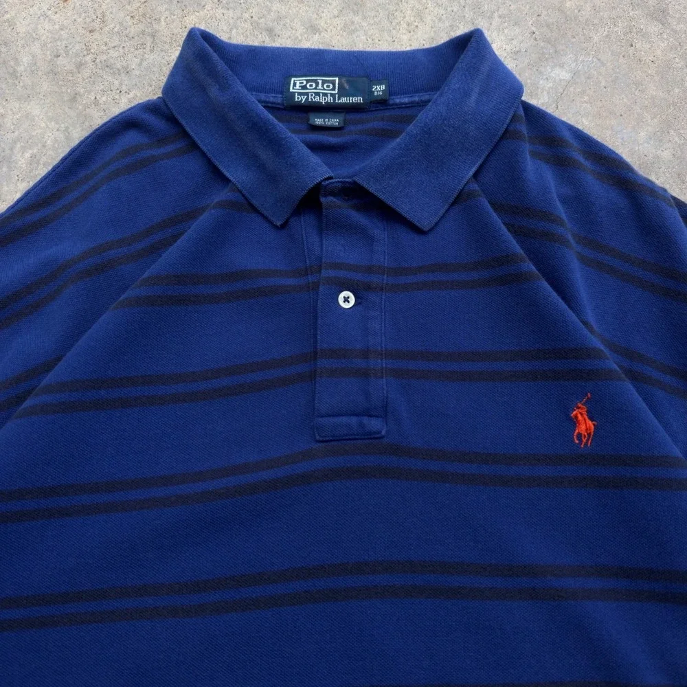 Vintage 90s Polo Ralph Lauren Striped Polo Shirt Rare Blue 2XB (d8)